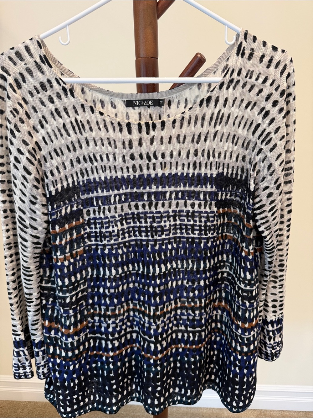 NIC+ZOE Navy, Cream and Brown Patterned Long Sleeve Knit Top